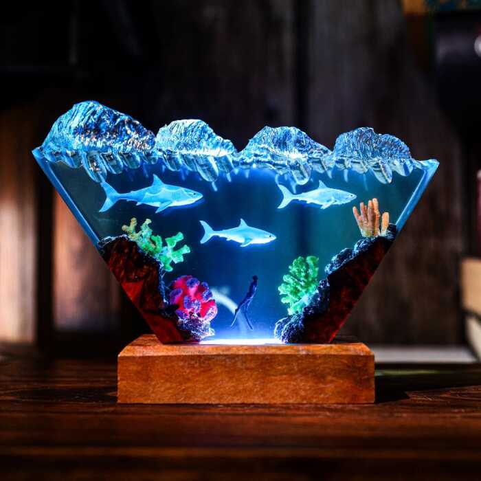 inverted triangle white shark & diver handmade resin night light by EpoLume - detail photo 2