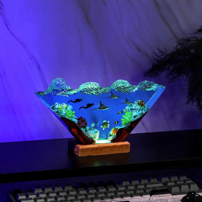 manta rays and diver ver 3 handmade resin night light by EpoLume - detail photo 2