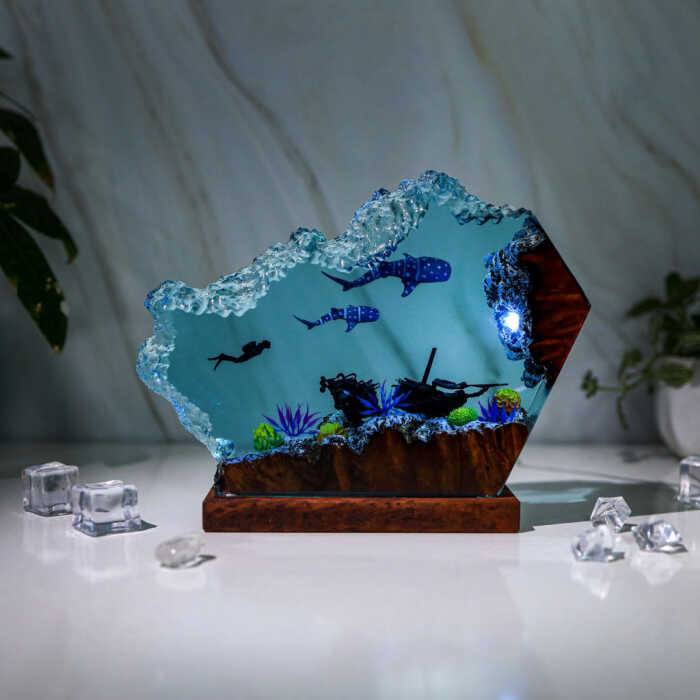 whale shark and diver night light handmade resin night light by EpoLume - detail photo 1