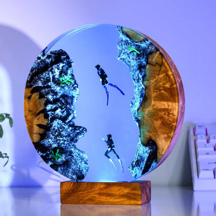 whale shark and couple diver handmade resin night light by EpoLume - detail photo 2