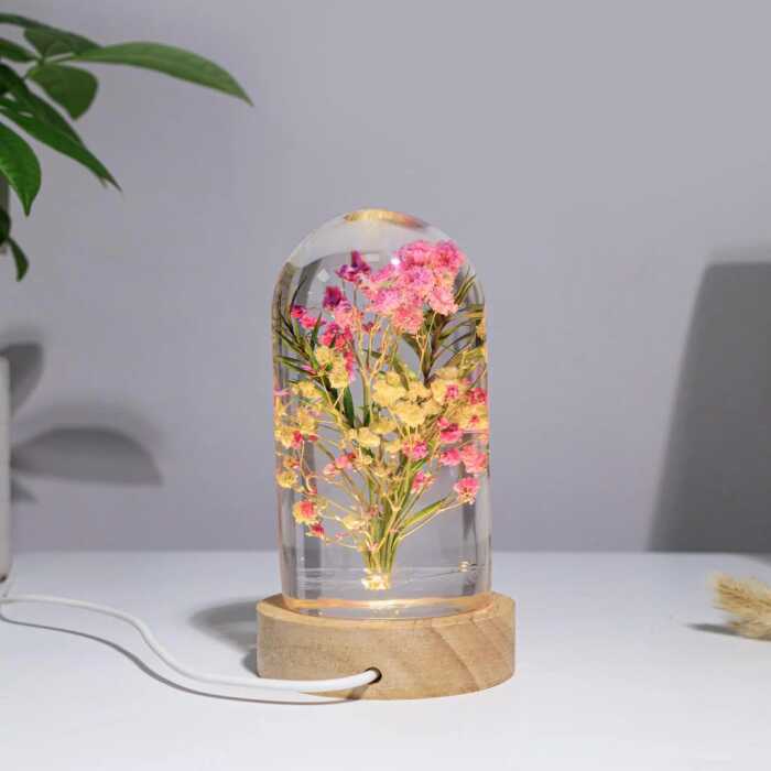 spherical cylinder baby’s breath flower handmade resin night light by EpoLume - detail photo 2