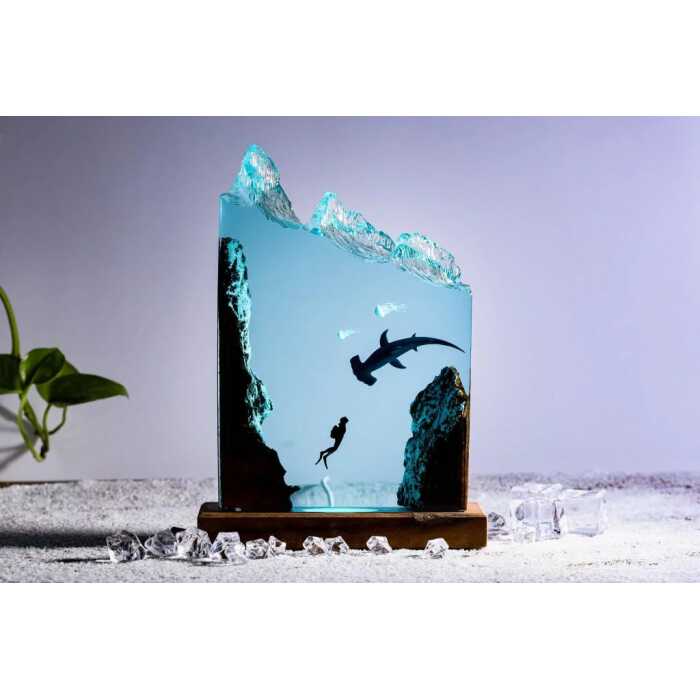 hammerhead shark and diver night light handmade resin night light by EpoLume - detail photo 1