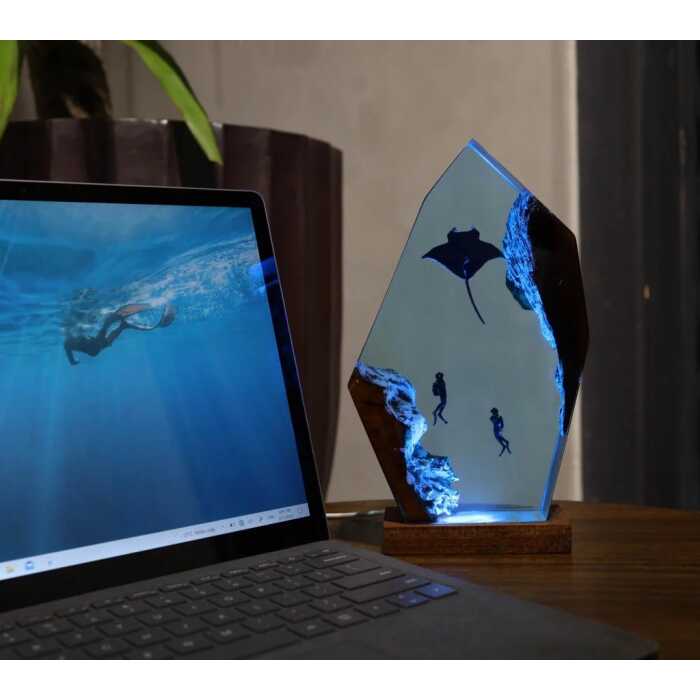 manta rays and diver handmade resin night light by EpoLume - detail photo 2
