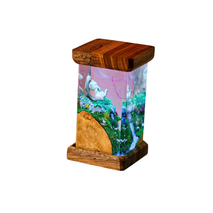 Detail view of Pink Cat Grass Scene Epoxy Night Light handmade epoxy resin lamp