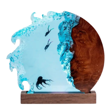 octopus and diver ocean wave handmade resin night light by EpoLume - product photo