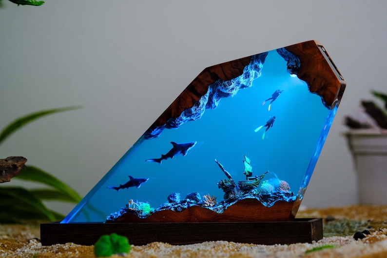 Shark scuba diver ocean epoxy night light handmade resin lamp