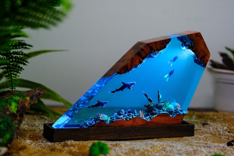 Shark scuba diver lamp detail showing resin depth and light quality