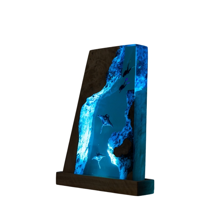 Detail view of Manta Ray Crystal Block Epoxy Night Light handmade epoxy resin lamp