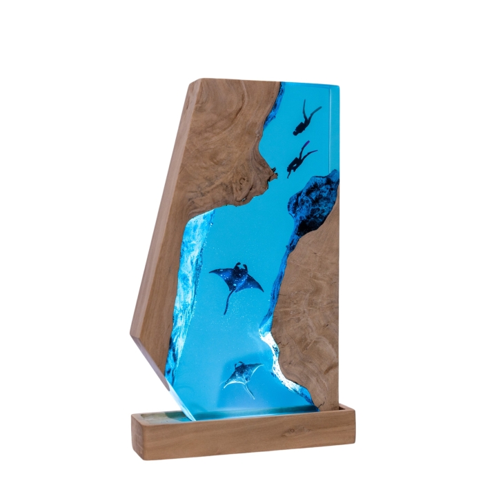 Detail view of Manta Ray Crystal Block Epoxy Night Light handmade epoxy resin lamp