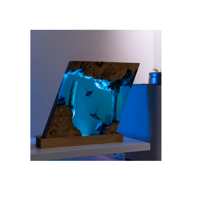 Detail view of Manta Ray Ocean Block Epoxy Night Light handmade epoxy resin lamp