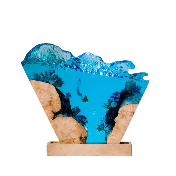 Detail view of Mermaid and Coral Reef Wave Epoxy Night Light handmade epoxy resin lamp