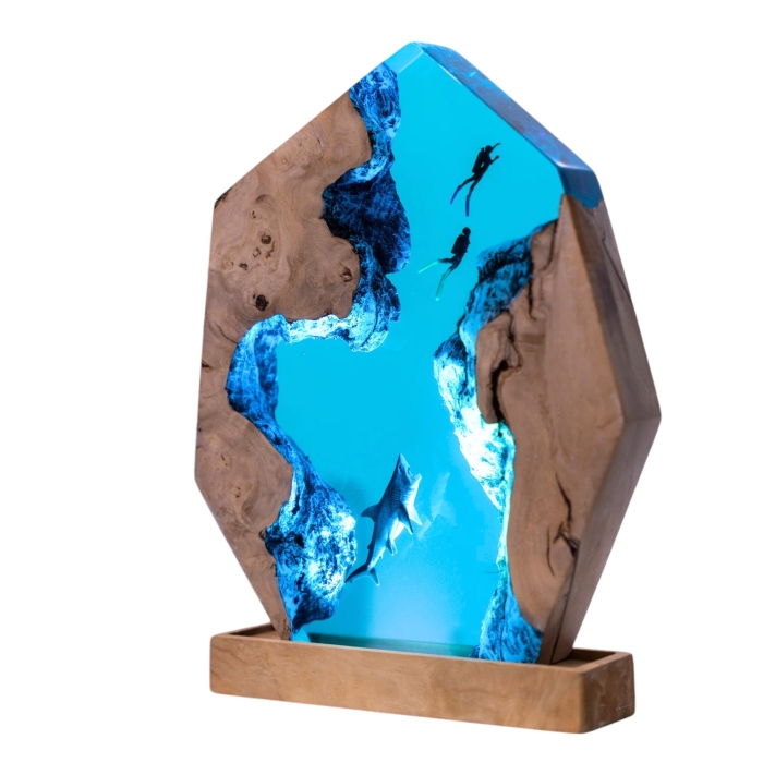 Detail view of Shark Epoxy Night Light handmade epoxy resin lamp