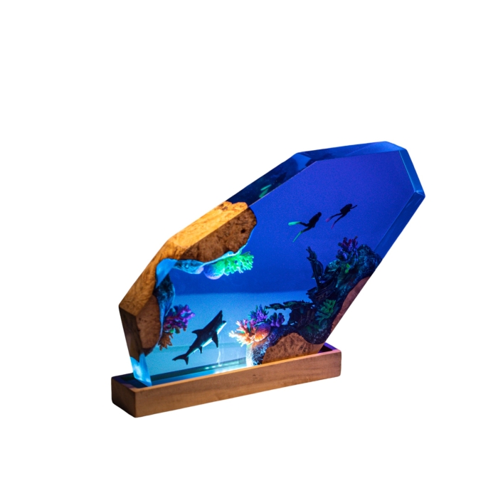 Detail view of Shark and Shipwreck Epoxy Night Light handmade epoxy resin lamp