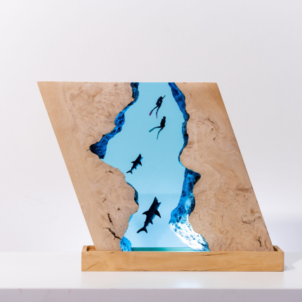 Detail view of Shark Ocean Block Epoxy Night Light handmade epoxy resin lamp