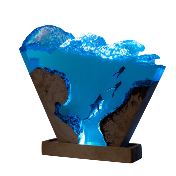 Detail view of Shark Wave Epoxy Night Light handmade epoxy resin lamp