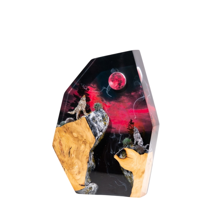 Detail view of Red and Black Wolf Epoxy Night Light handmade epoxy resin lamp